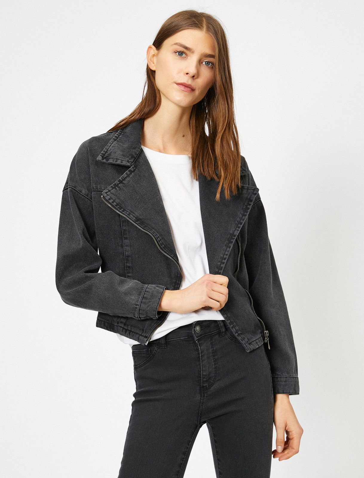 Zipper Detailed Jean Jacket – Grey