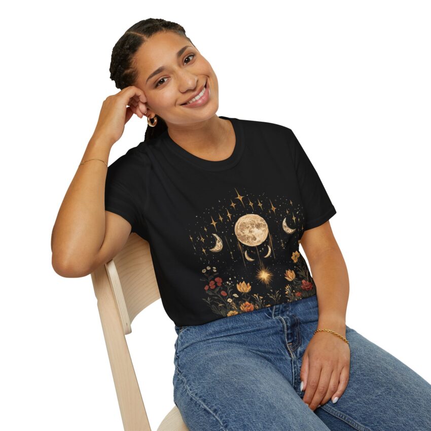 Celestial Dreamcatcher T-Shirt, Boho Floral Tee, Moon and Stars Graphic, Unisex Softstyle Shirt for Gift, Witchy Aesthetic Top - Image 3