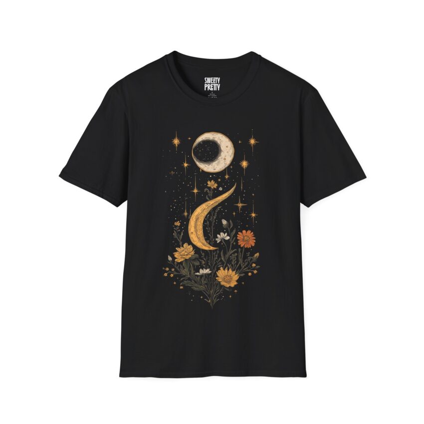 Celestial Moon Floral T-Shirt, Unisex Graphic Tee, Night Sky Apparel, Boho Style Shirt, Starry Print Top, Moon Lover Gift - Image 1