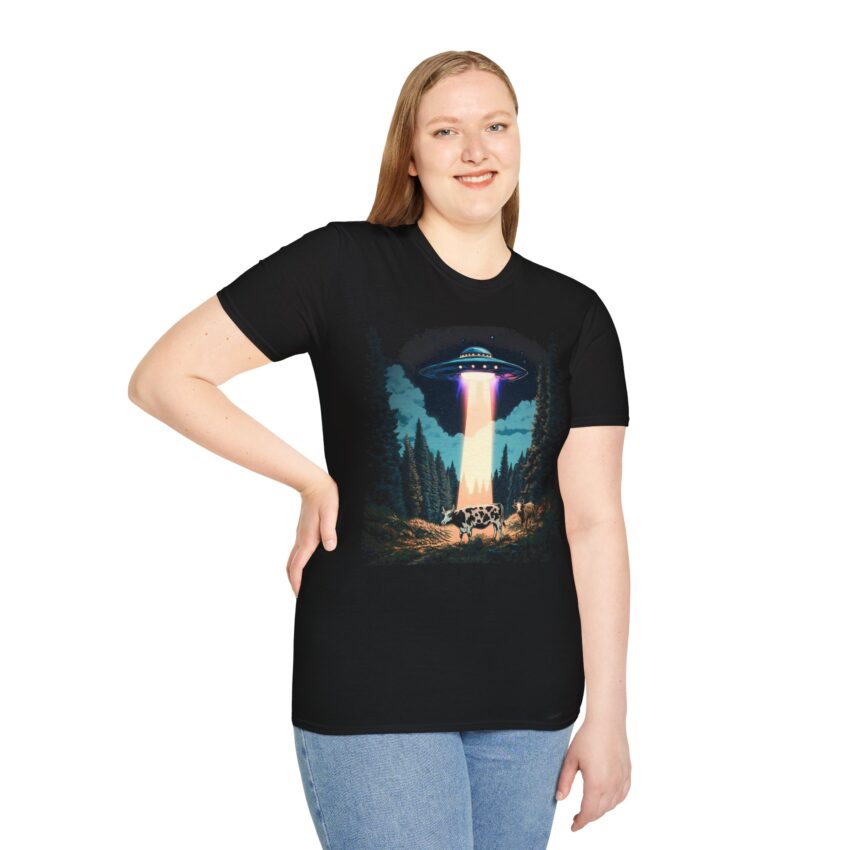 UFO Cow Encounter T-Shirt, Unisex Softstyle Tee, Alien Graphic Shirt, Fun Casual Apparel, Gift for Space Lovers, Trendy Summer Wear - Image 3