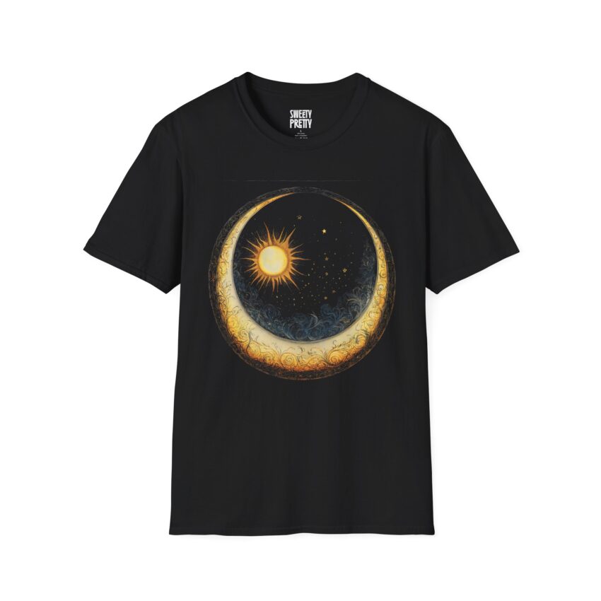 Celestial Sun and Moon T-Shirt, Unisex Softstyle Tee for Astrology Lovers, Cosmic Art Shirt, Gifts for Star Gazers, Night Sky Apparel - Image 1