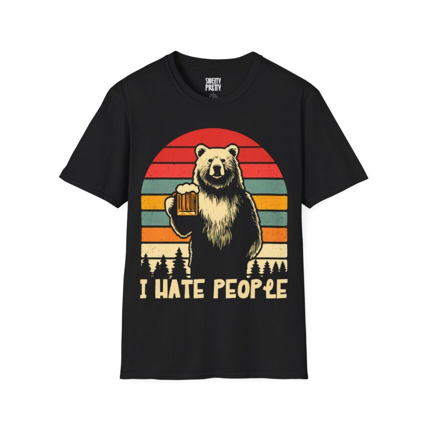 Casual Graphic Tee with Bear Design - "I Hate People" | Unisex Fun Shirt, Gift for Beer Lovers, Trendy Animal Theme, Relaxed Fit - Image 1