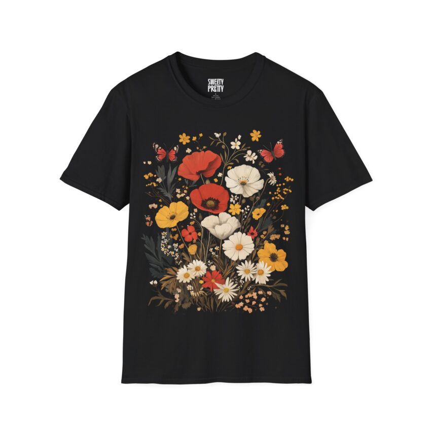 Floral Vintage Unisex Softstyle T-Shirt, Boho Tee, Gift for Her, Nature Lover T-Shirt, Spring Fashion, Casual Wear, Flower Power - Image 1
