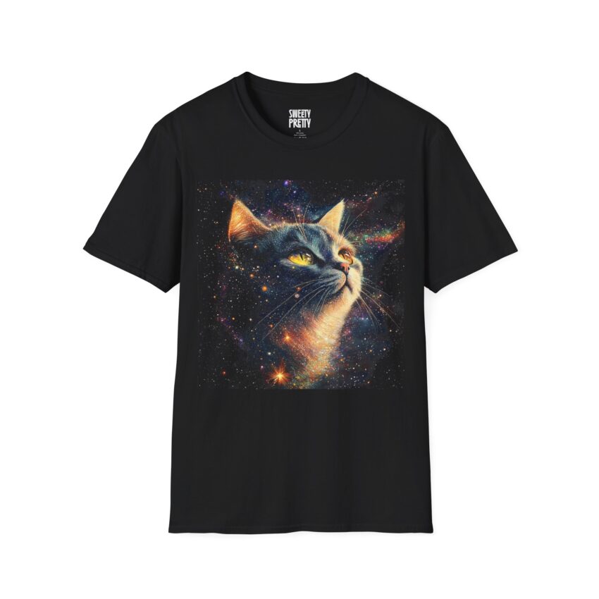 Cosmic Cat T-Shirt - Unisex Softstyle Tee, Galaxy Cat Print Shirt, Space Animal Shirt, Cat Lover Gift, Unique Graphic Tee - Image 1