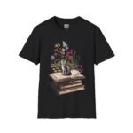 Floral Cat Book T-Shirt, Literary Pet Lover Shirt, Cute Cat and Flowers Tee, Animal Lover Gift, Cozy Reading Apparel