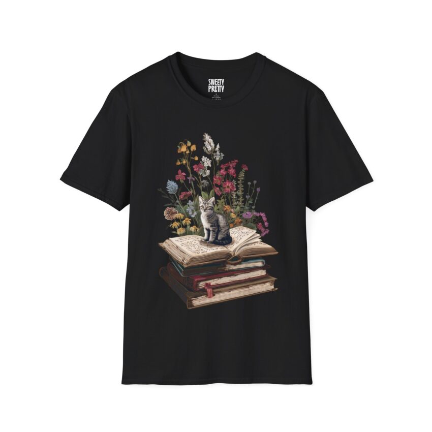 Floral Cat Book T-Shirt, Literary Pet Lover Shirt, Cute Cat and Flowers Tee, Animal Lover Gift, Cozy Reading Apparel - Image 1