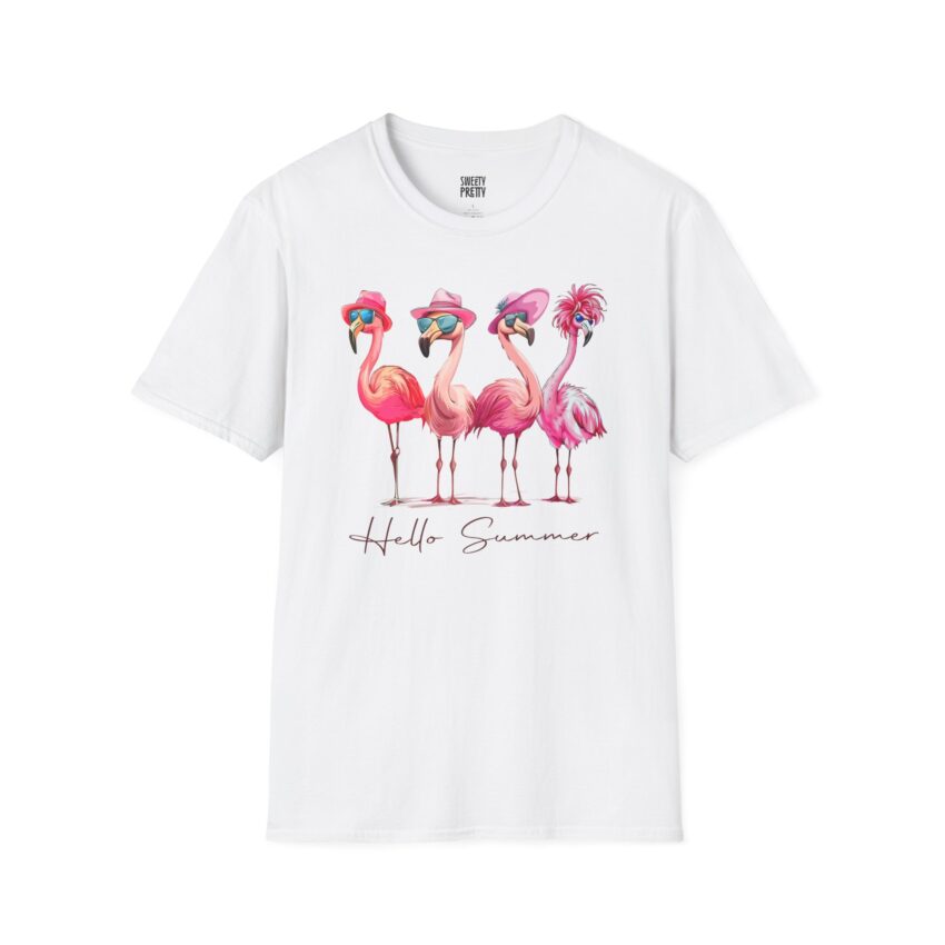 Cute Flamingo Summer Tee, Relaxed Unisex T-Shirt, Vacation Shirt, Gift for Beach Lovers, Summer Party Apparel - Image 1