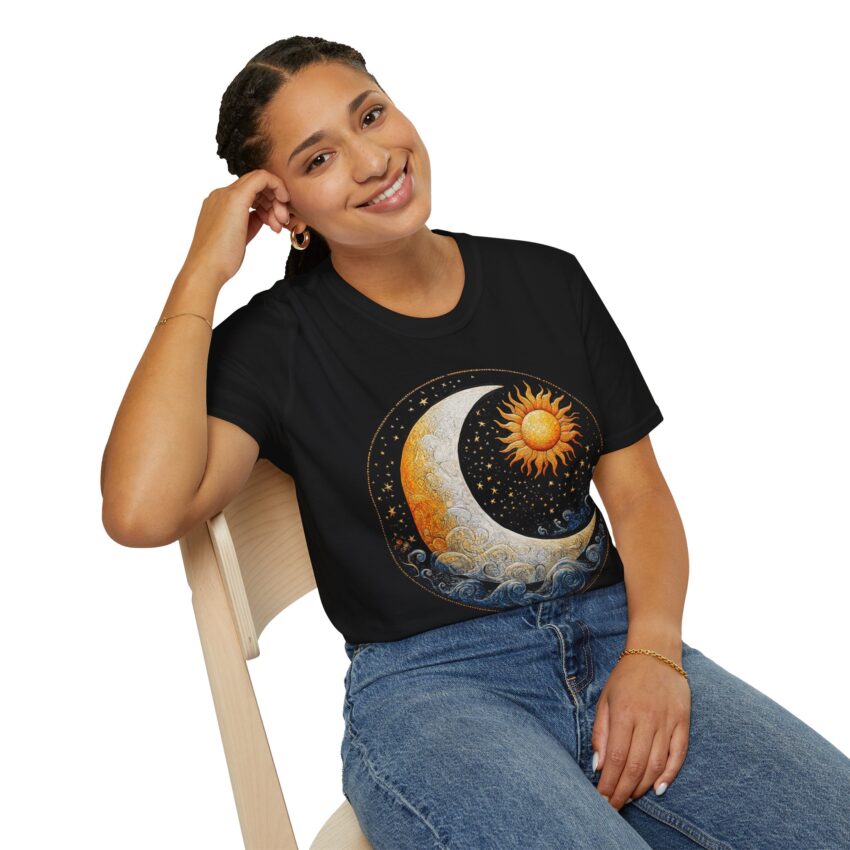 Celestial Sun and Moon T-Shirt | Unisex Softstyle Tee, Boho Shirt, Gift for Astrology Lovers, Festival Wear, Cosmic Vibes - Image 3
