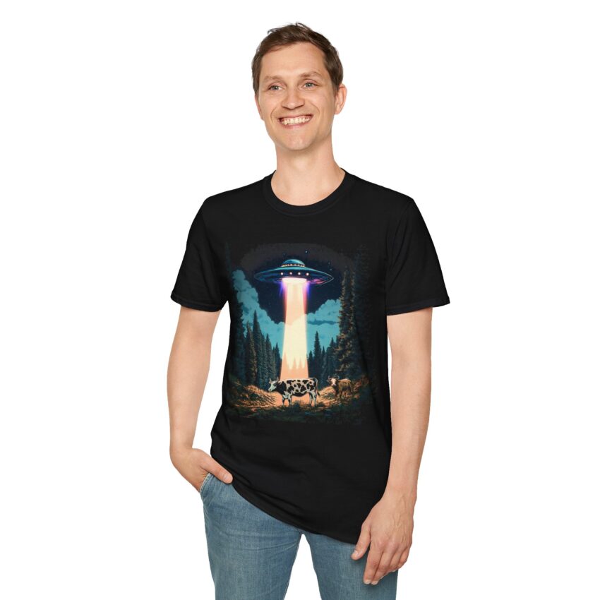 UFO Cow Encounter T-Shirt, Unisex Softstyle Tee, Alien Graphic Shirt, Fun Casual Apparel, Gift for Space Lovers, Trendy Summer Wear - Image 4