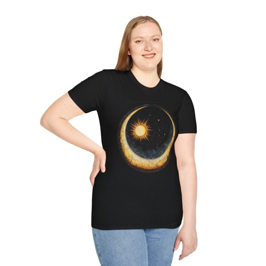 Celestial Sun and Moon T-Shirt, Unisex Softstyle Tee for Astrology Lovers, Cosmic Art Shirt, Gifts for Star Gazers, Night Sky Apparel - Image 3