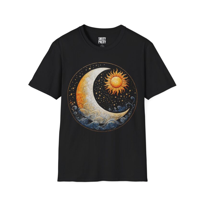 Celestial Sun and Moon T-Shirt | Unisex Softstyle Tee, Boho Shirt, Gift for Astrology Lovers, Festival Wear, Cosmic Vibes - Image 1