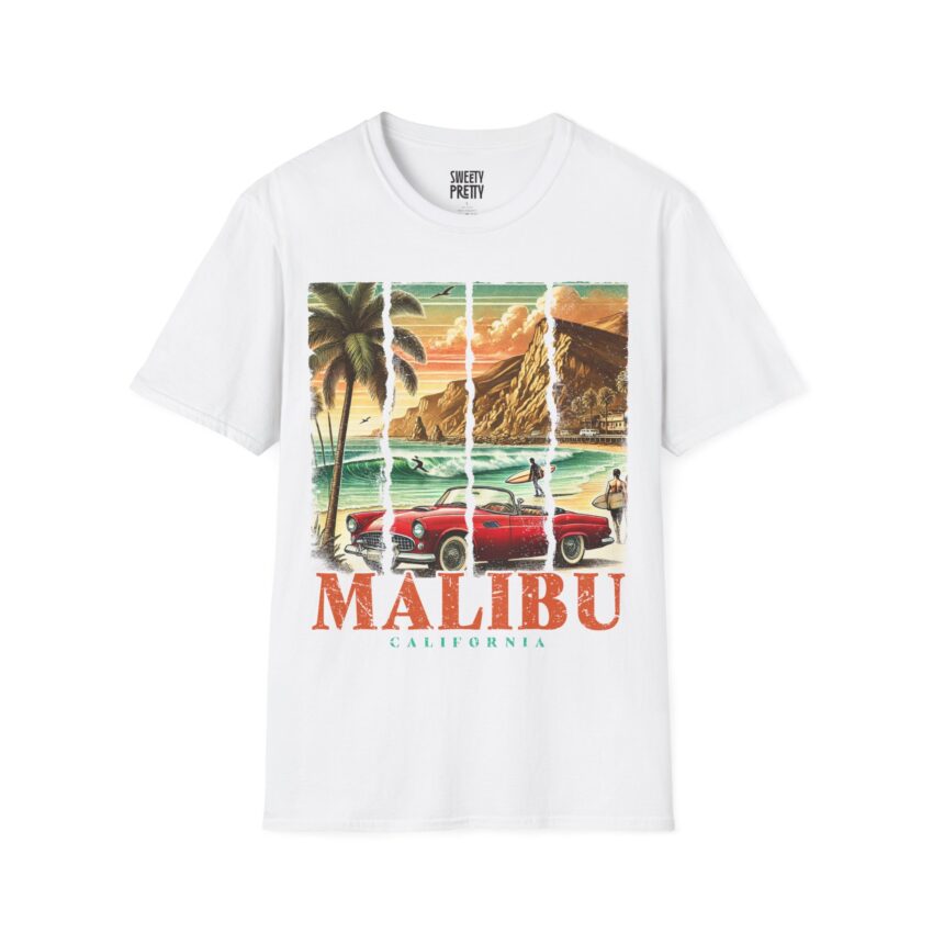 Vintage Malibu Car T-Shirt, California Vibes Tee, Summer Essentials, Travel Gifts, Retro Graphic Shirt, Beachwear, Vacation Fashion - Image 1