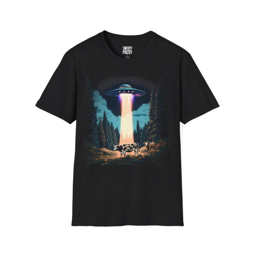 UFO Cow Encounter T-Shirt, Unisex Softstyle Tee, Alien Graphic Shirt, Fun Casual Apparel, Gift for Space Lovers, Trendy Summer Wear - Image 1