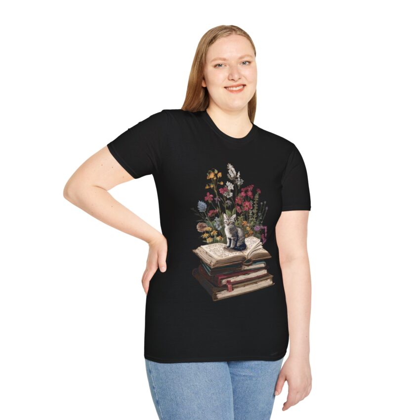 Floral Cat Book T-Shirt, Literary Pet Lover Shirt, Cute Cat and Flowers Tee, Animal Lover Gift, Cozy Reading Apparel - Image 3