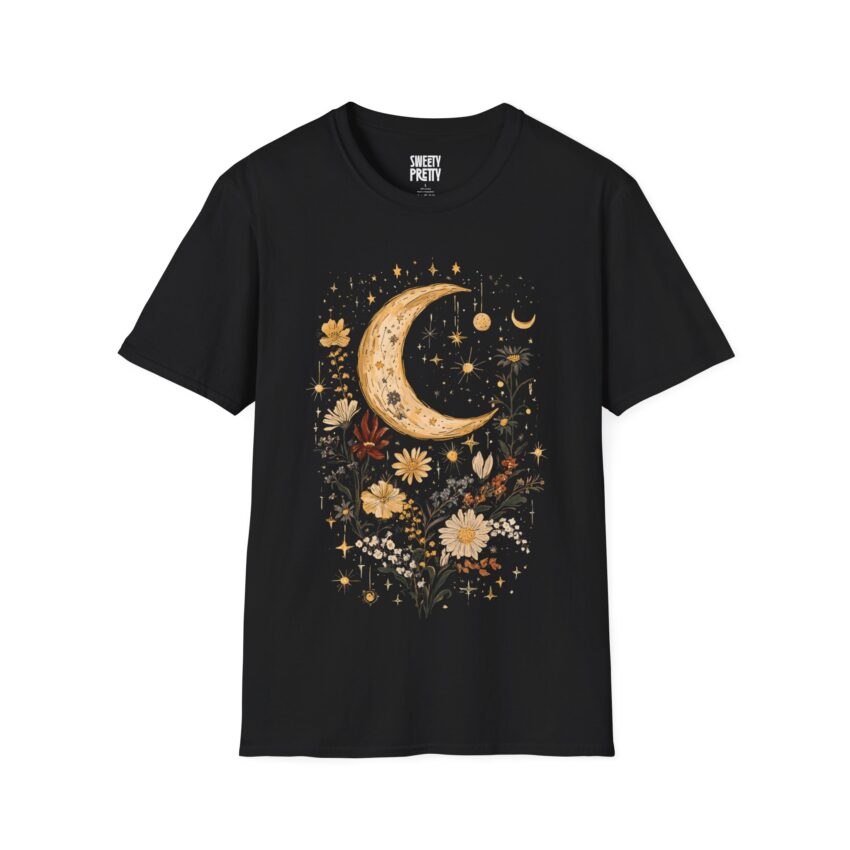 Celestial Floral T-Shirt, Moon Design Tee, Boho Style Shirt, Gift for Nature Lovers, Starry Night Casual Wear - Image 1