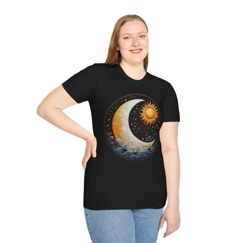 Celestial Sun and Moon T-Shirt | Unisex Softstyle Tee, Boho Shirt, Gift for Astrology Lovers, Festival Wear, Cosmic Vibes - Image 4