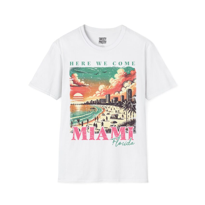 Miami Sunset Unisex Softstyle T-Shirt, Summer Vacation Tee, Beachwear, Travel Lover Shirt, Casual Outfit, Gift for Travelers - Image 1